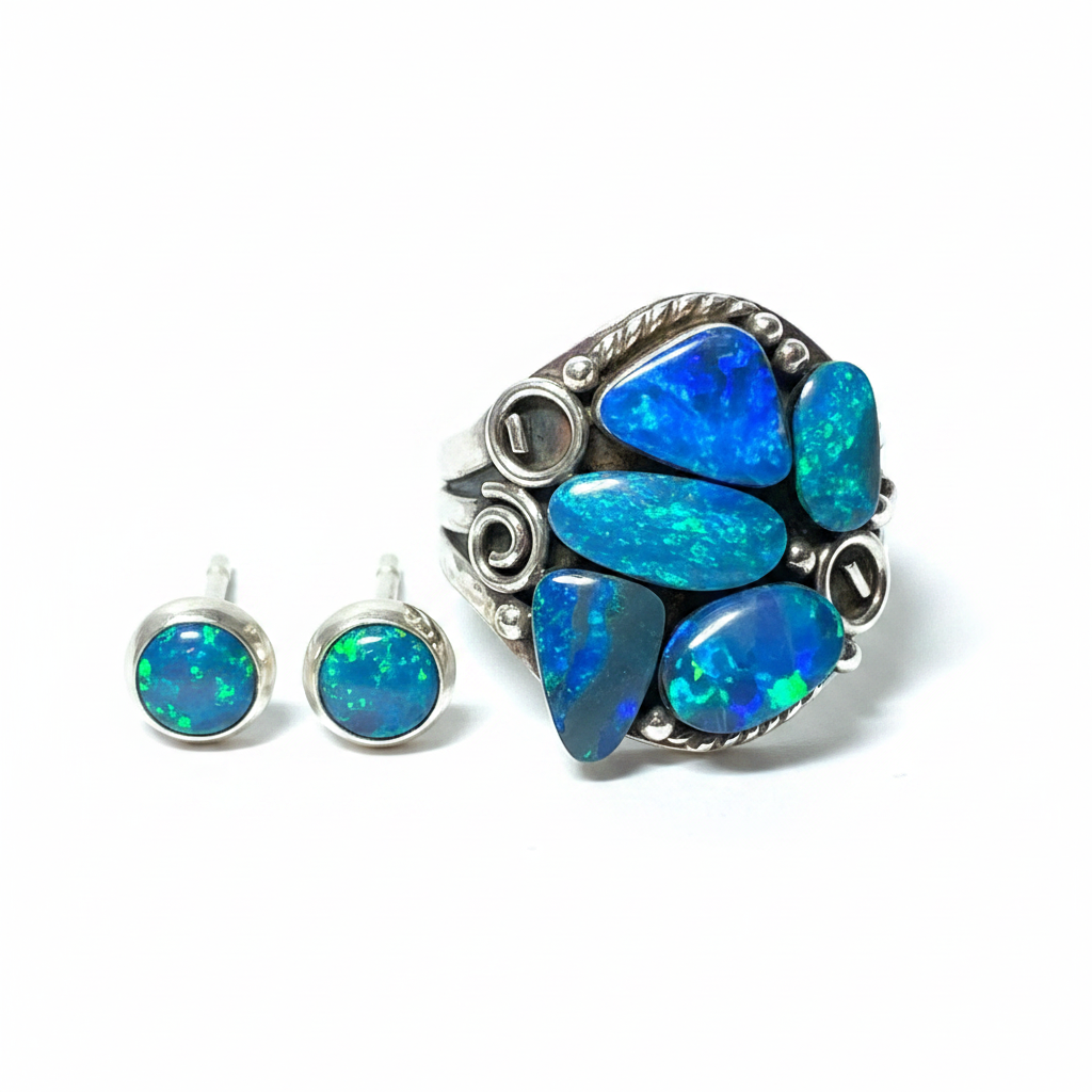 AI-generated concept image: AOS 25-100 opal doublets set as a trilogy ring and stud earring set – design inspiration only, not a finished piece