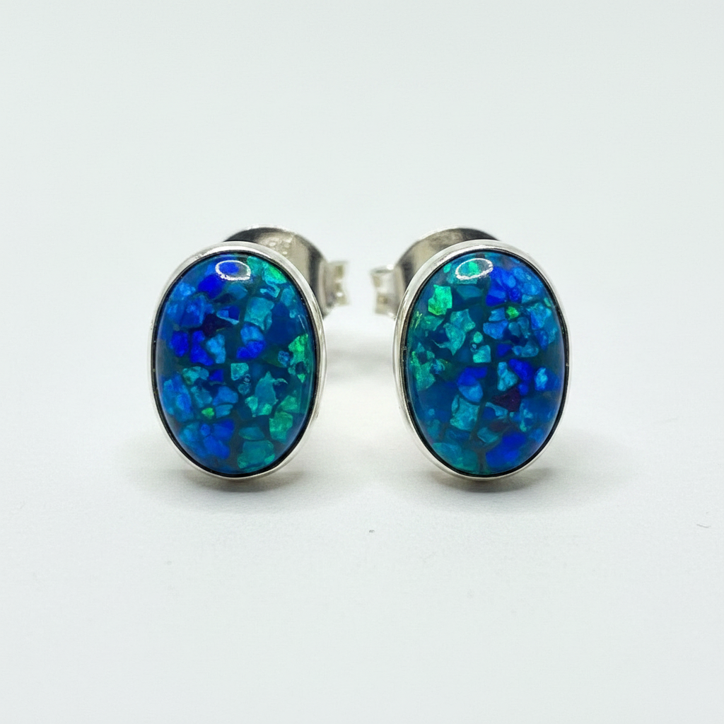 AI-generated concept image: blue solid seam opal set as silver stud earrings — design concept only, not an actual finished piece