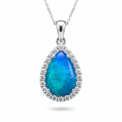 D2304-07 pear opal in white gold pendant with diamond halo