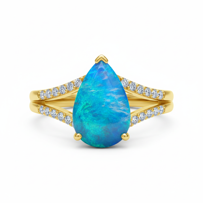 D2304-07 pear opal in yellow gold ring with split shank