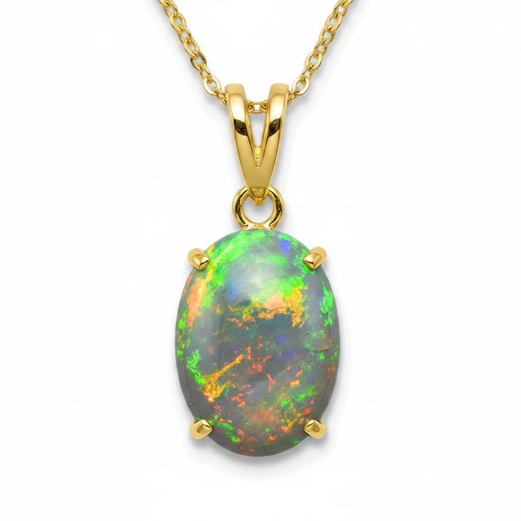 AI-generated concept image: fiery green-gold-red solid seam opal set in a gold pendant — design concept only, not an actual finished piece