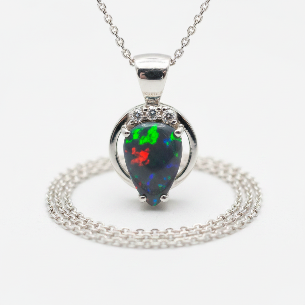 AI concept image of Australian opal doublet 221210-6 set in a 925 sterling silver pendant necklace with three diamond accents