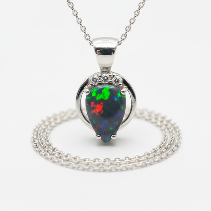 AI concept image of Australian opal doublet 221210-6 set in a 925 sterling silver pendant necklace with three diamond accents