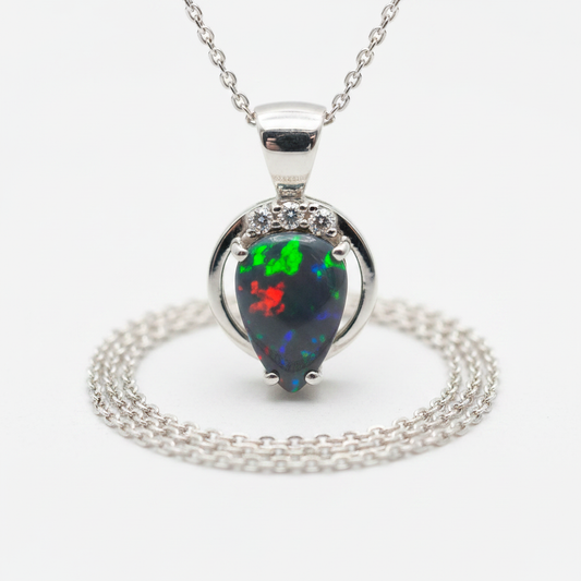 AI concept image of Australian opal doublet 221210-6 set in a 925 sterling silver pendant necklace with three diamond accents