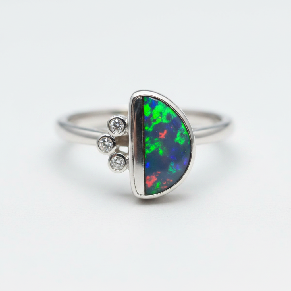 AI concept image of Australian opal doublet 221210-6 set in a 925 sterling silver bezel ring with three diamond accents