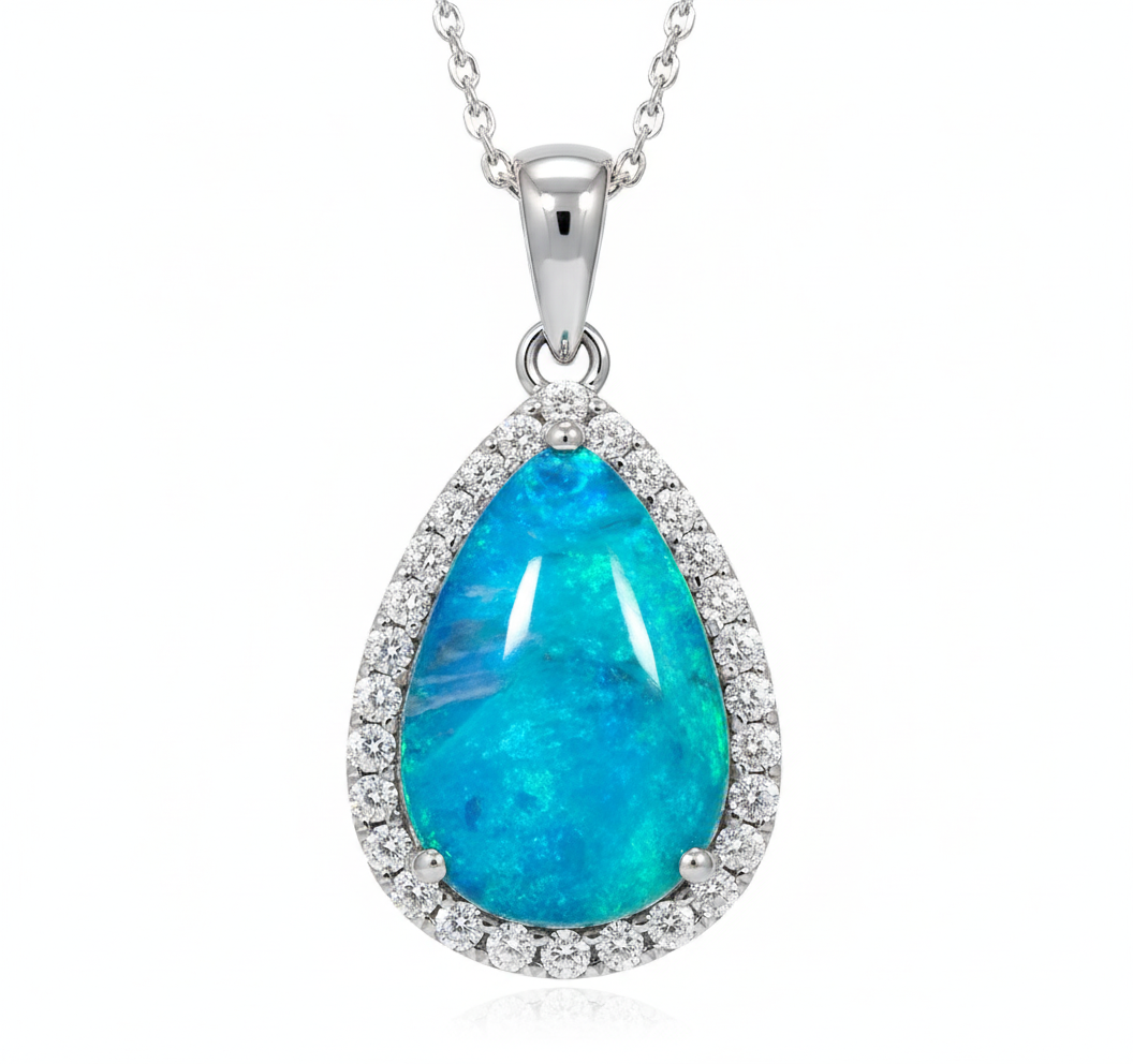 Pear opal pendant with diamond halo