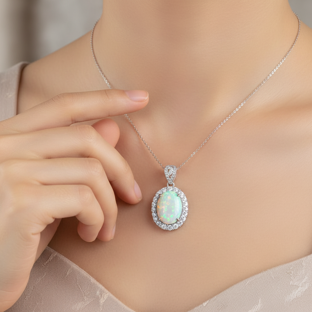 S25-101 opal in white gold halo pendant