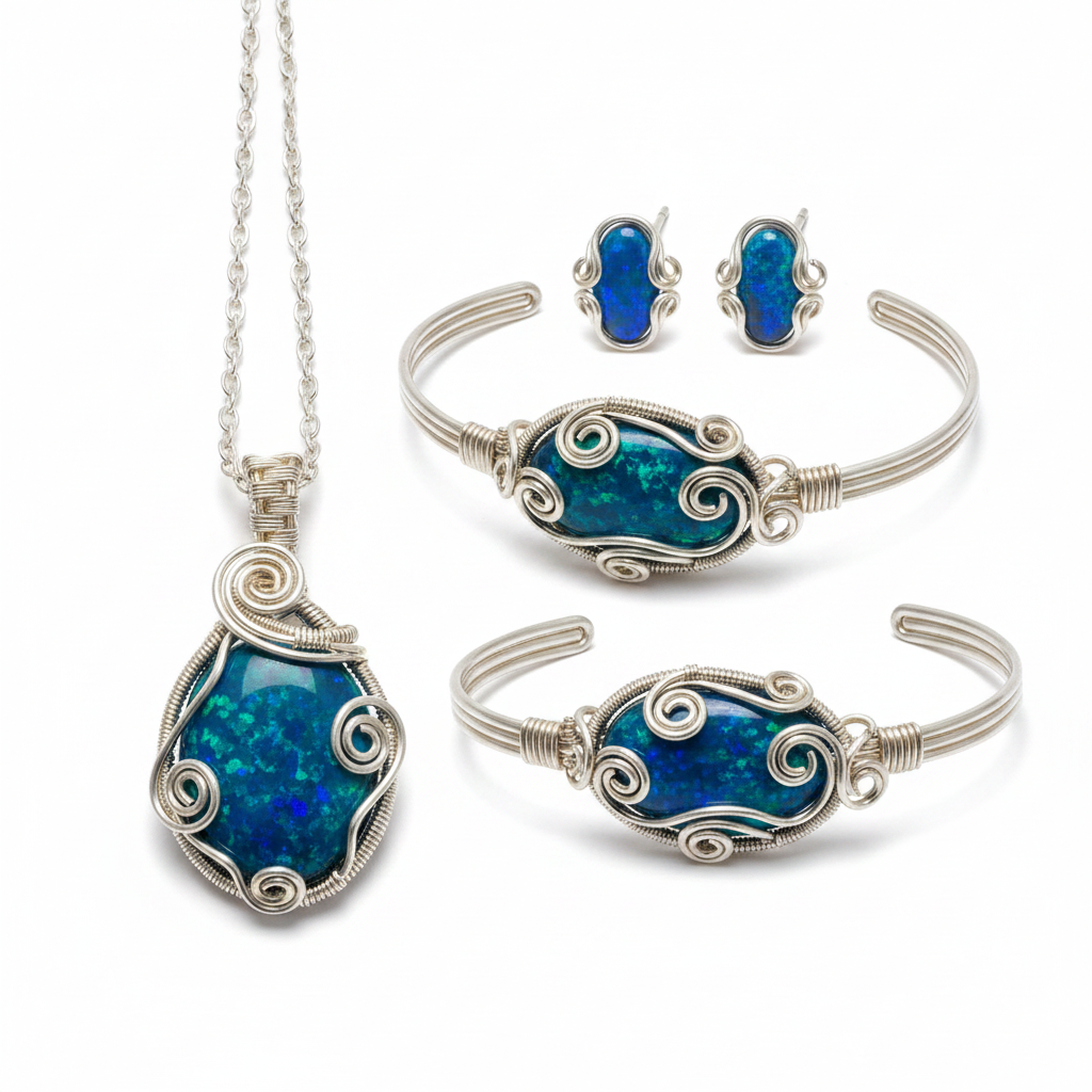 Wire-wrapped opal jewellery set